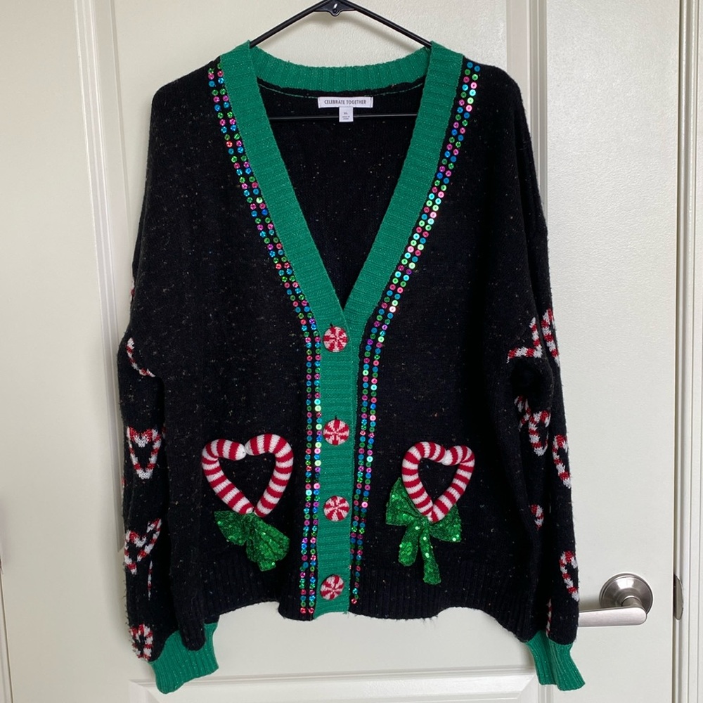 Celebrate Together Christmas Candy Cane Heart Cardigan Size XL